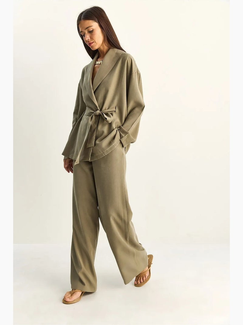 Ensemble taille haute avec détail nœud et col châle lucci Kaki - Kiabi