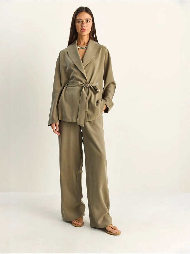 Ensemble taille haute avec détail nœud et col châle lucci Kaki - Kiabi