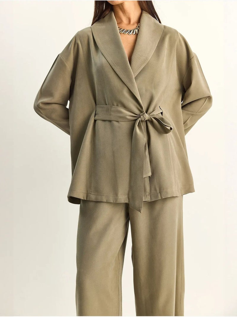 Ensemble taille haute avec détail nœud et col châle lucci Kaki - Kiabi