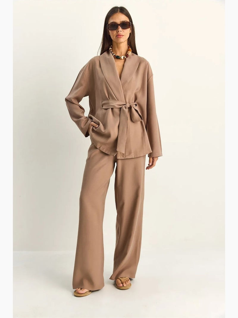 Ensemble taille haute avec détail nœud et col châle lucci Marron chocolat - Kiabi