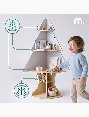 Etagere d'angle enfant arbre bois et gris rangement jouets mamabrum