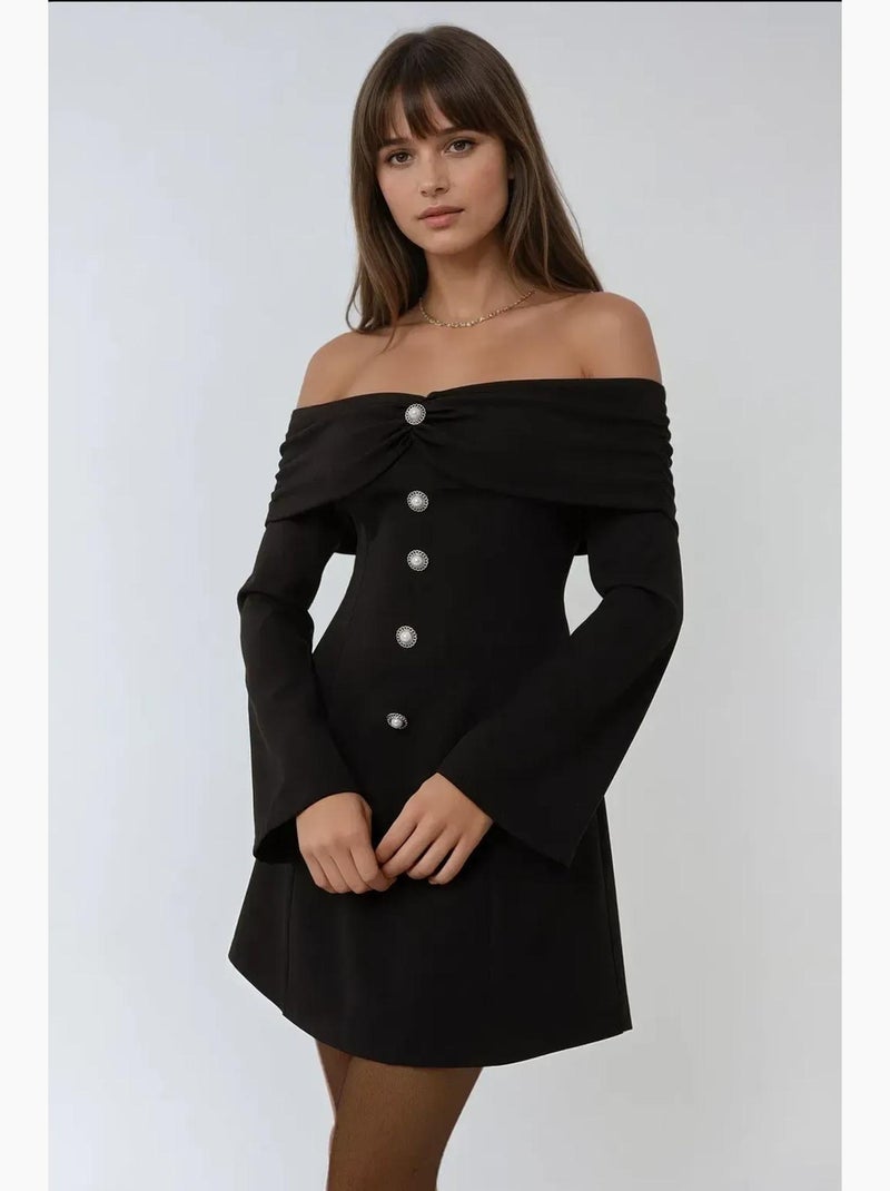 Exclusieve, op maat gemaakte off-shoulder mini-jurk met knoopdetail hiccup Zwart - Kiabi
