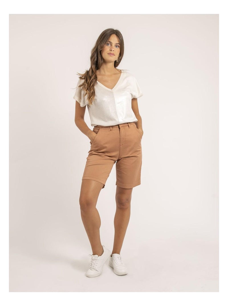 Fazzy t-shirt met v-hals van twee materialen Beige - Kiabi