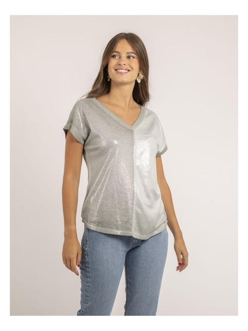 Fazzy t-shirt met v-hals van twee materialen - Kiabi Fazzy t-shirt met v-hals van twee materialen - Kiabi