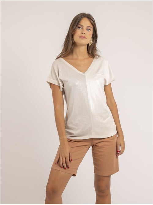 Fazzy t-shirt met v-hals van twee materialen - Kiabi Fazzy t-shirt met v-hals van twee materialen - Kiabi