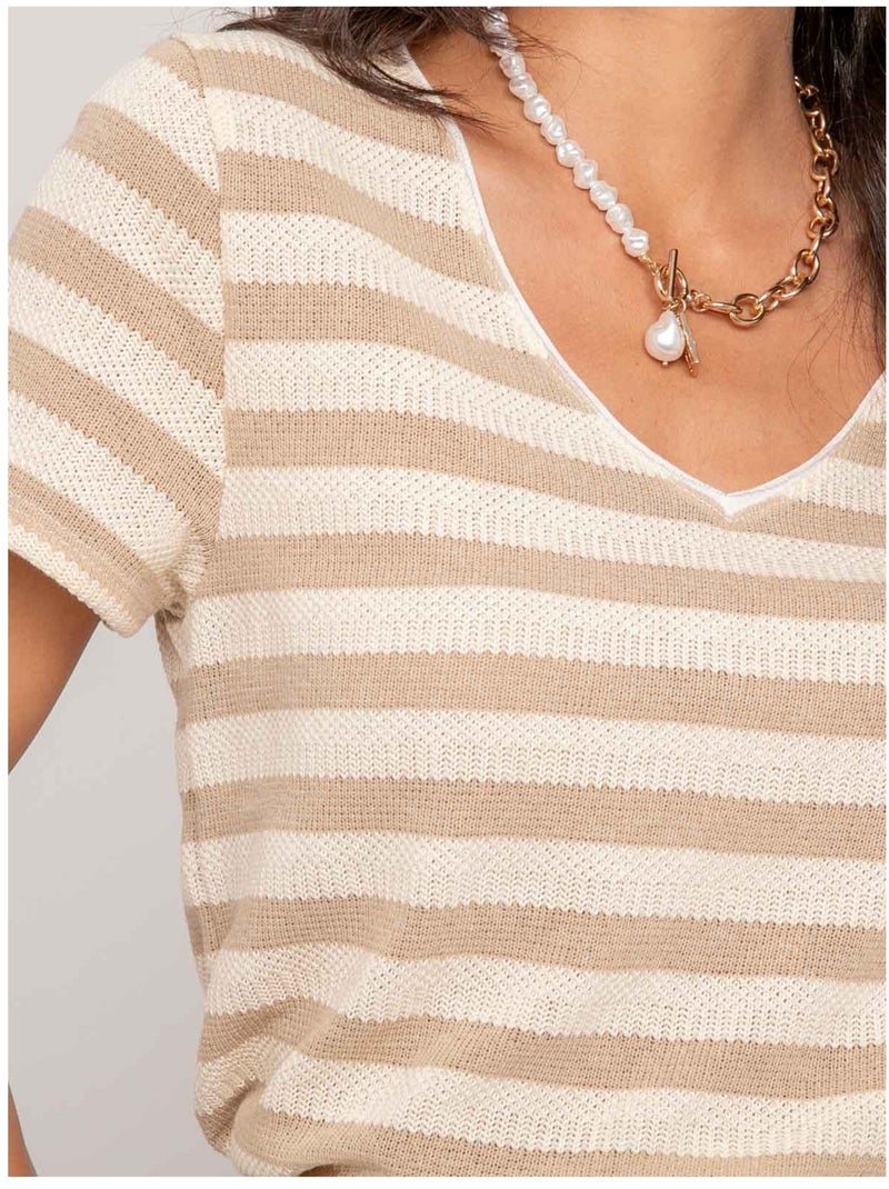 Figo gestreept t-shirt met korte mouwen Beige - Kiabi