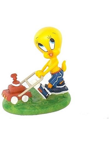 Figurine 'Titi' avec tondeuse à gazon rouge sur base herbe verte