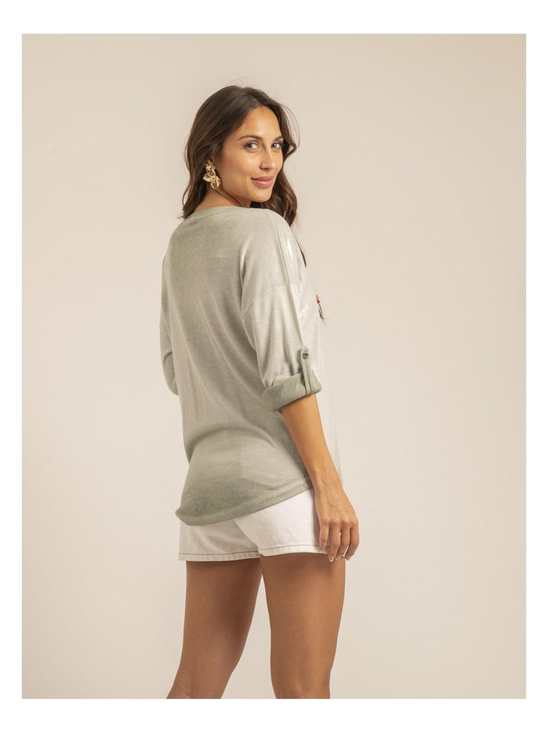 Filinie bi-materiaal v-hals t-shirt Kaki - Kiabi