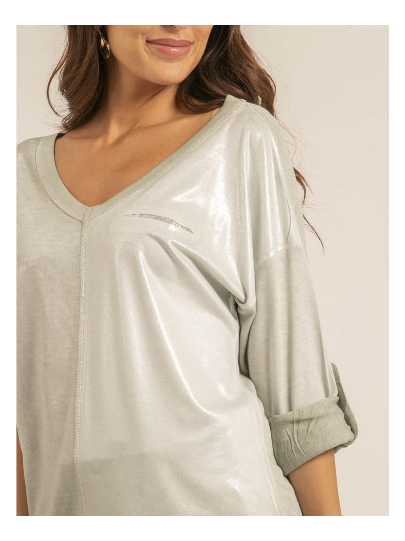 Filinie bi-materiaal v-hals t-shirt Kaki - Kiabi