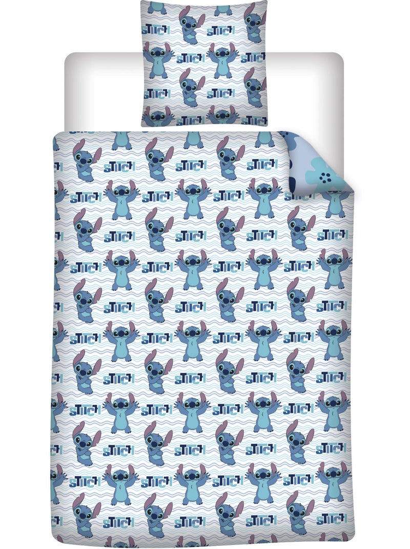 Flanel Dekbedovertrek Disney Stitch 140x200cm + Kussensloop – Zacht Warm – Officiële Disney Licentie Hemelsblauw/Grijs/Parelwit/Transparant - Kiabi