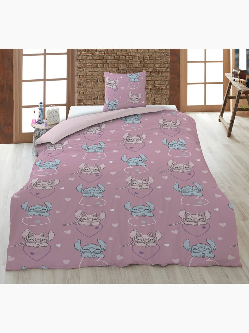 Flanel Dekbedovertrek Disney Stitch & Angel 140x200cm + Kussensloop – Zacht Warm Aanraking Beige/Roze - Kiabi