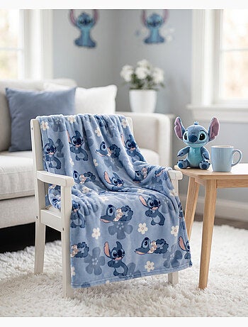 Flanel Deken Disney Stitch 130x160cm – All-Over Bloemen Blauw – 100% Polyester – Officiële Disney Li