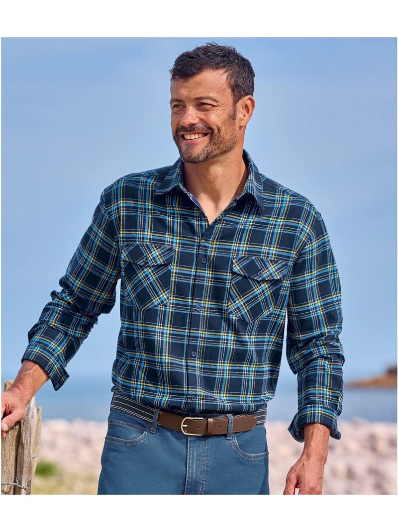 Flanellen overhemd met marineblauwe ruitjes - ATLAS FOR MEN Marineblauw - Kiabi