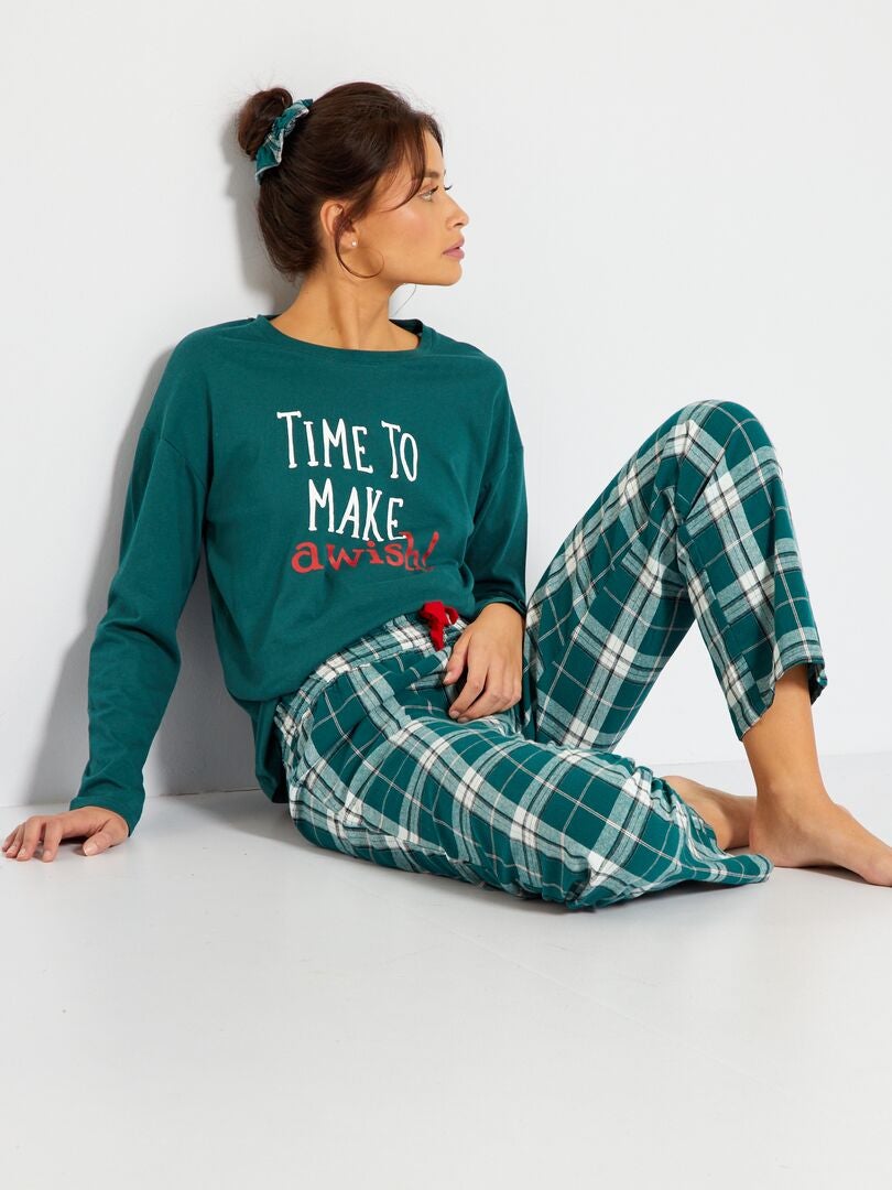 Flanellen pyjamabroek + scrunchie GROEN - Kiabi