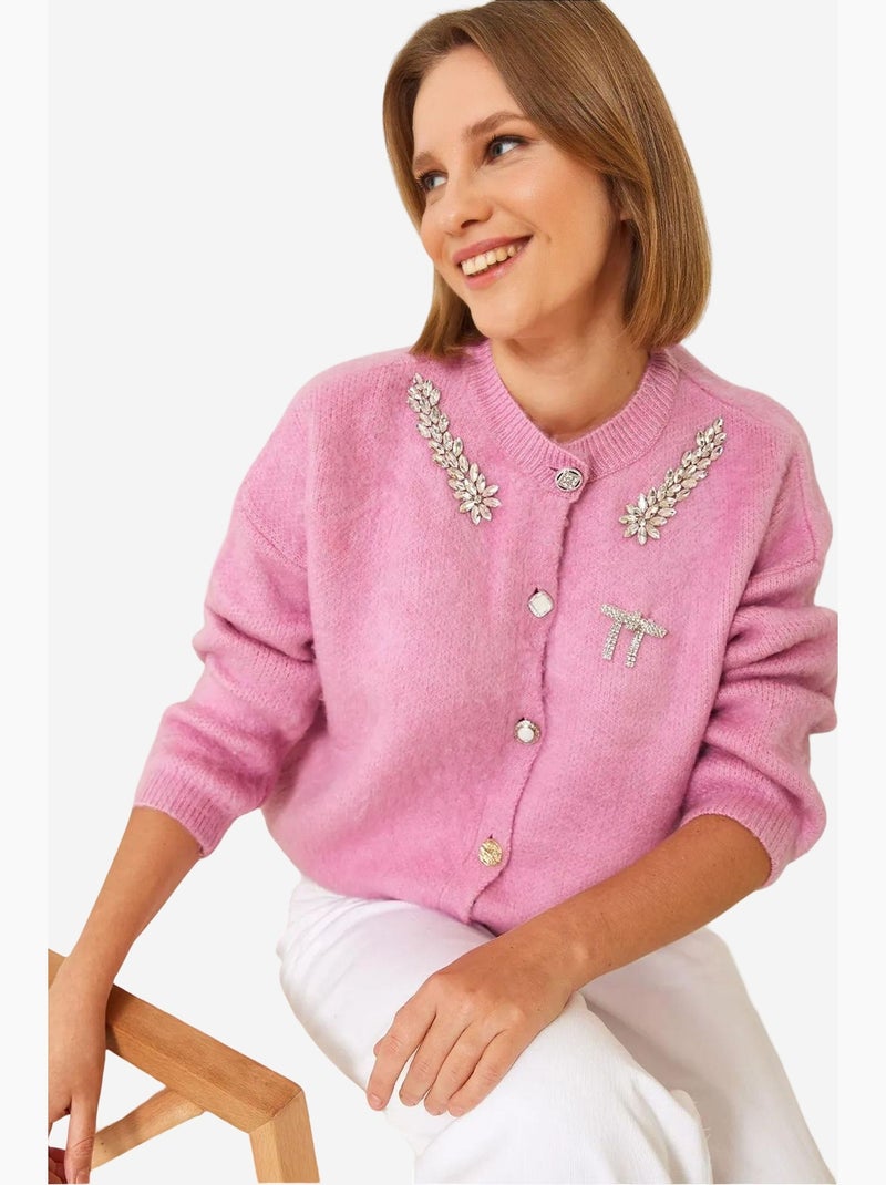 Fleece gebreid vest met versierde kraag lucci Fluorroze/Solinotes - Kiabi