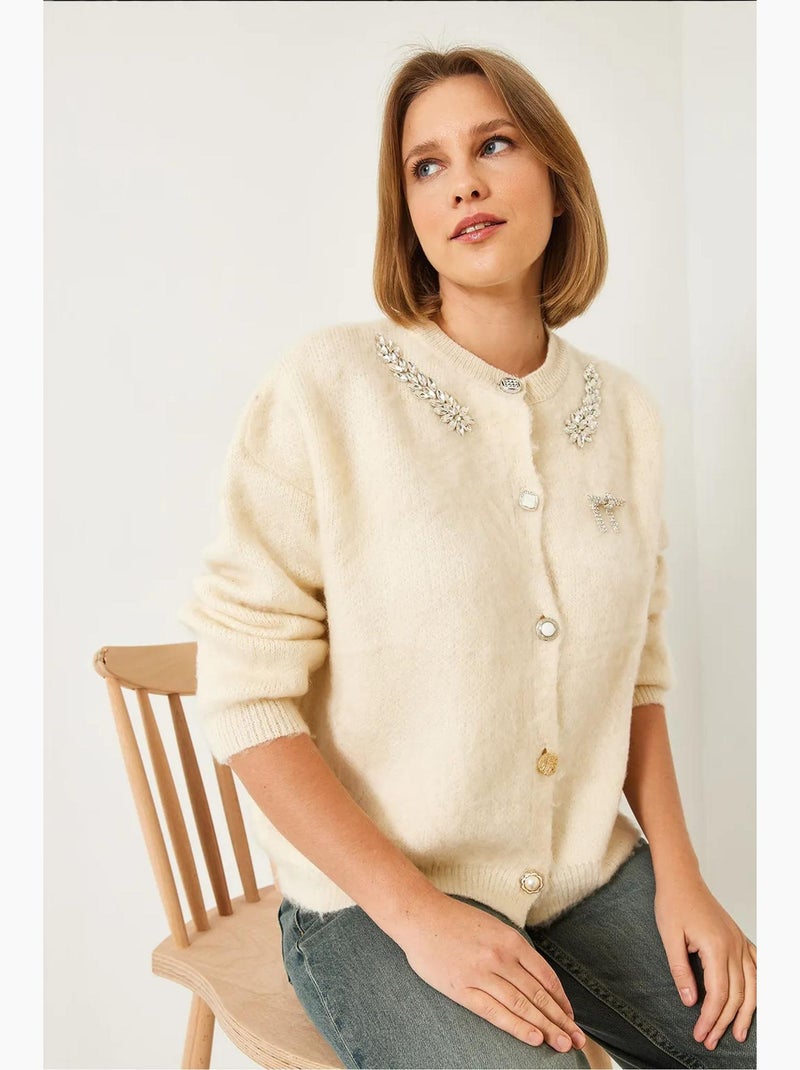 Fleece gebreid vest met versierde kraag lucci Klei-beige - Kiabi