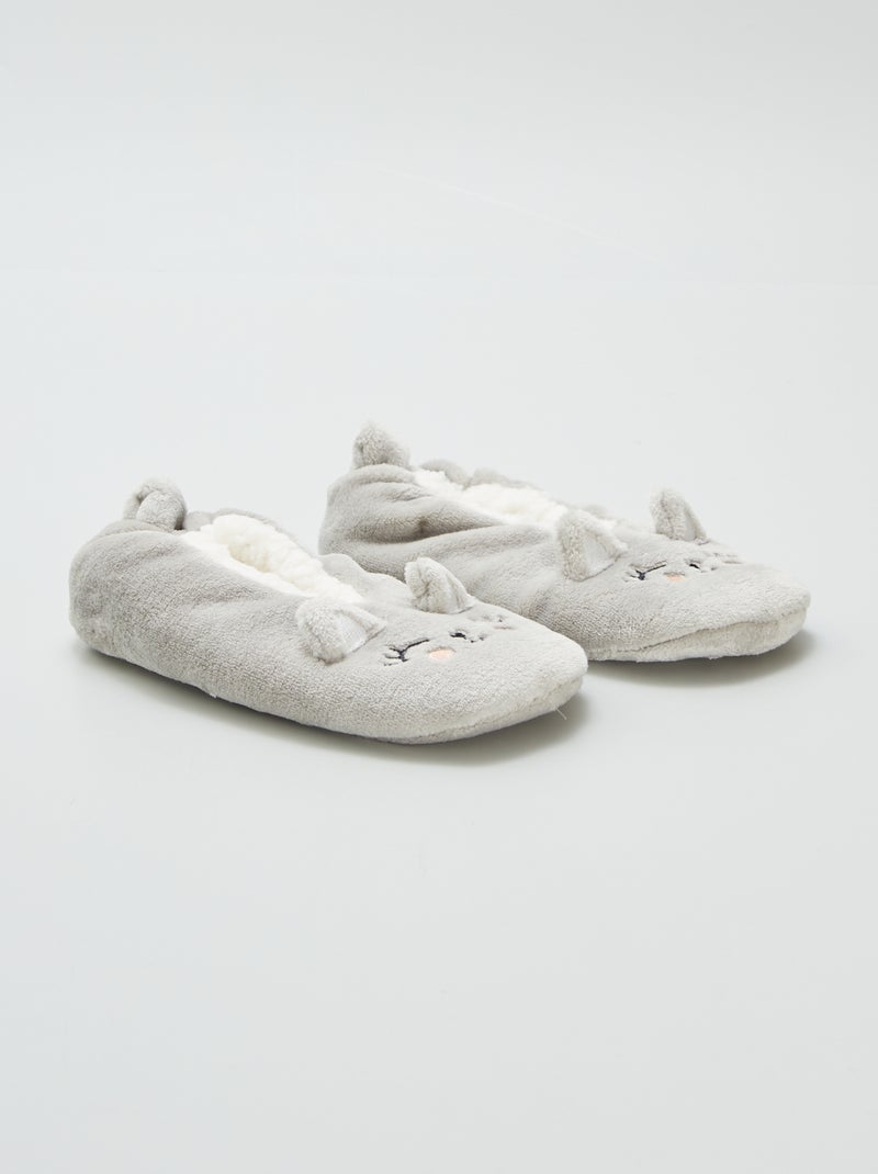 Fleece pantoffels met katje GRIJS - Kiabi