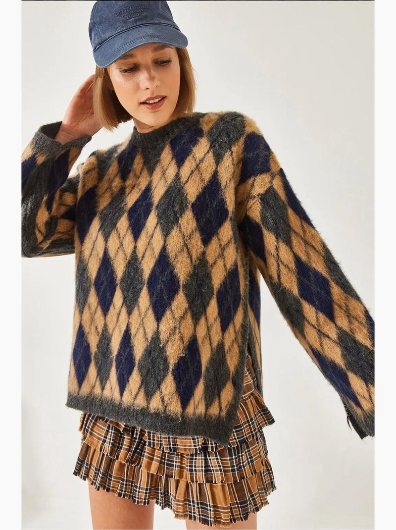 Fleece ruitpatroon split brei trui lucci Donkergrijs - Kiabi