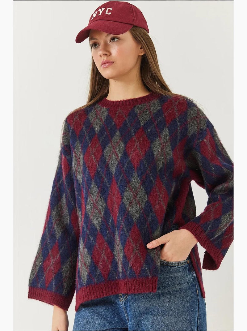 Fleece ruitpatroon split brei trui lucci Rood - Kiabi