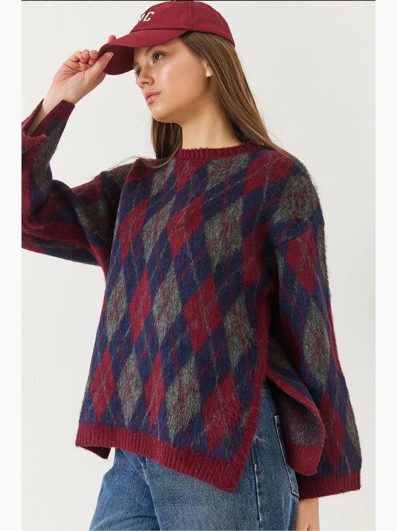 Fleece ruitpatroon split brei trui lucci Rood - Kiabi