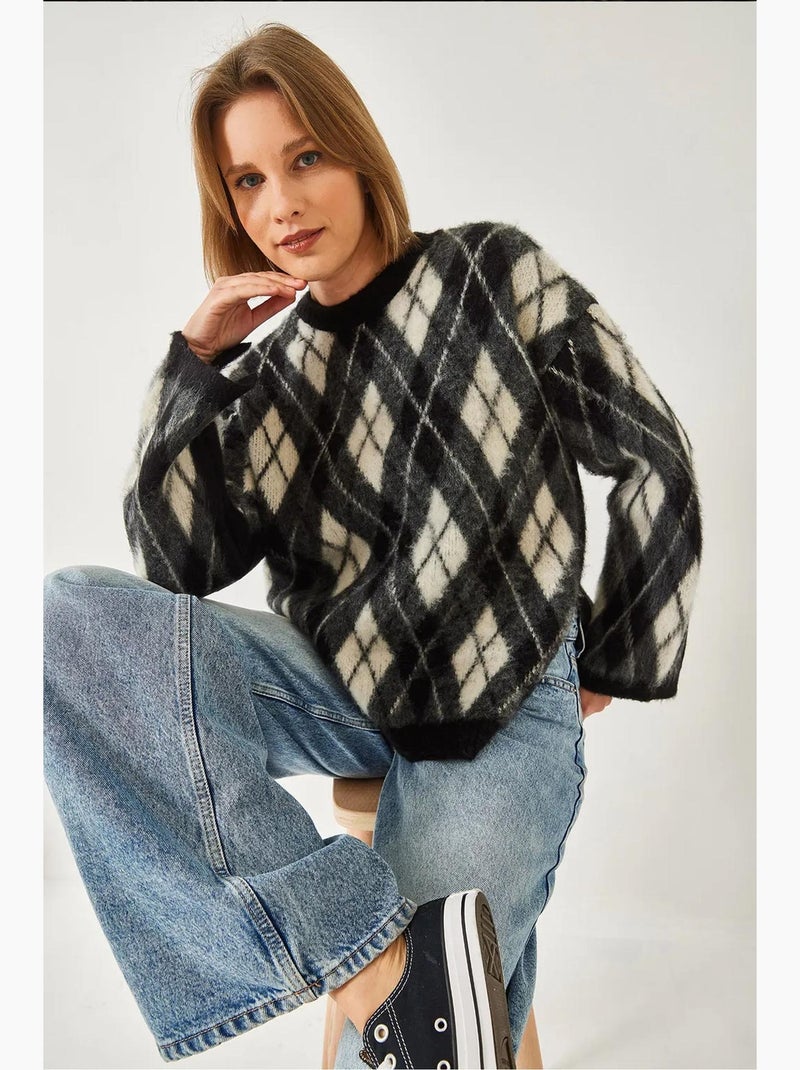 Fleece ruitpatroon split brei trui lucci Zwart - Kiabi