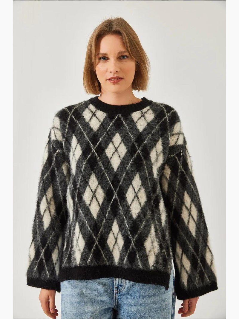 Fleece ruitpatroon split brei trui lucci Zwart - Kiabi
