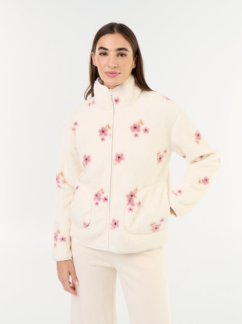 Fleece top met rits en motief Wit - Kiabi