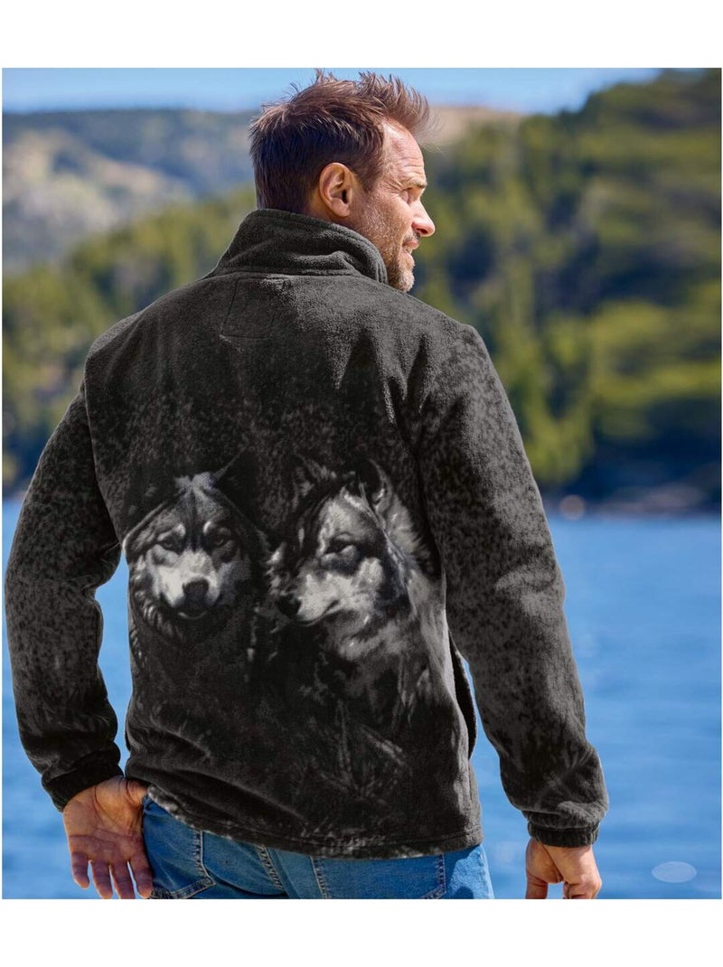 Fleecevest met wolvenprint - ATLAS FOR MEN Zwart - Kiabi