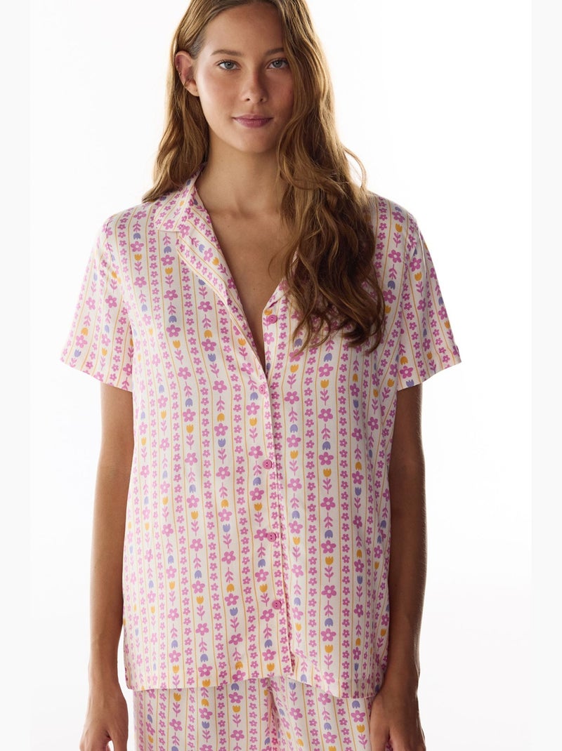 Flora bloemenprint korte mouwen pyjamaset met hemd en broek penti Wit - Kiabi