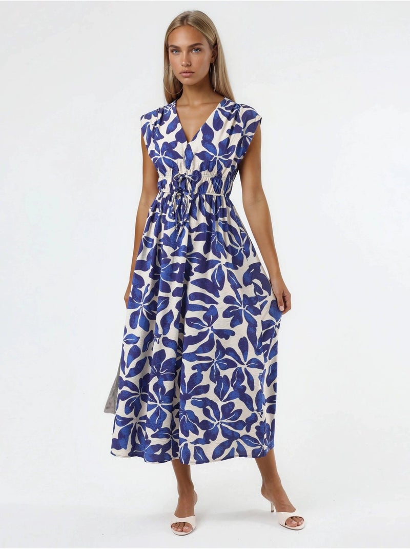 Floral midi-jurk met v-hals en strikdetail busem Donkerblauw - Kiabi