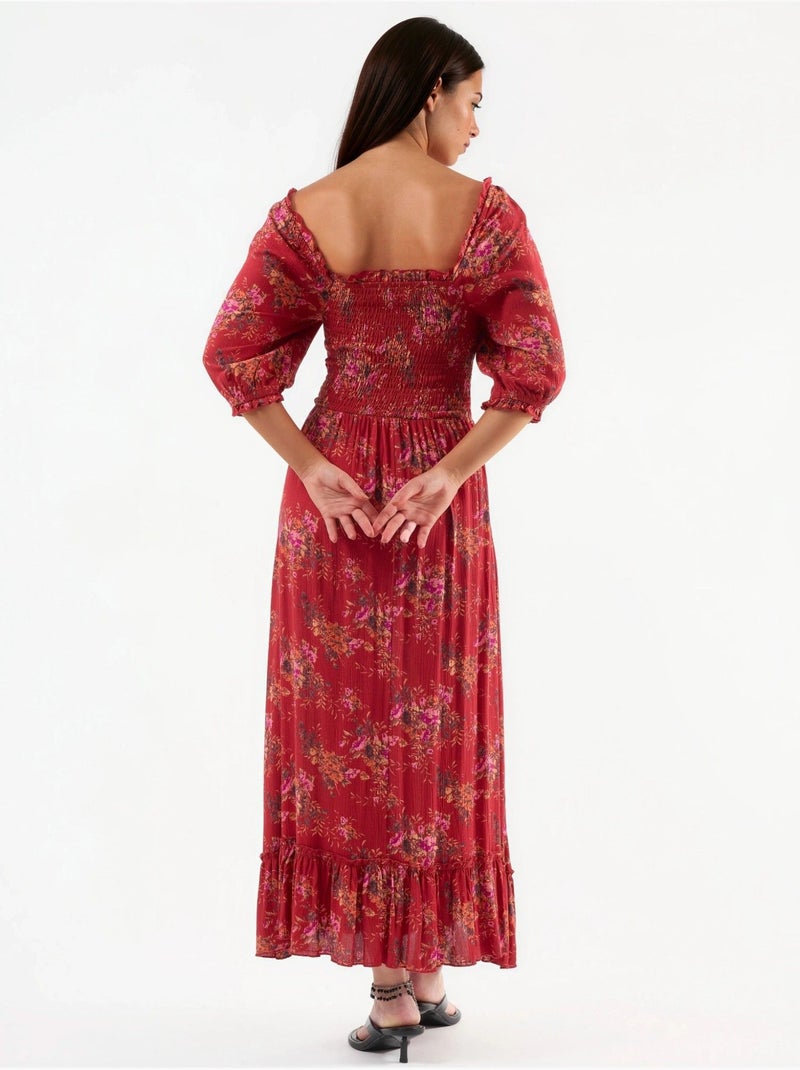 Floral midi-jurk met vierkante kraag busem Rood - Kiabi