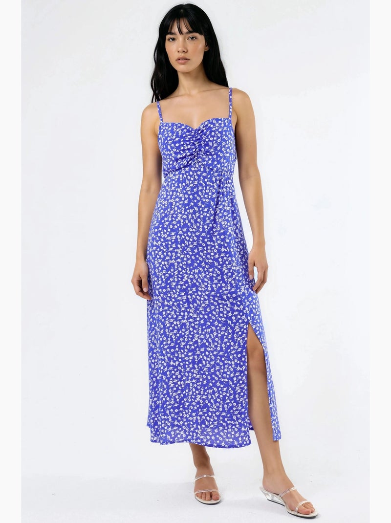 Floral midi slip-jurk met hartvormige hals busem Electrisch blauw - Kiabi