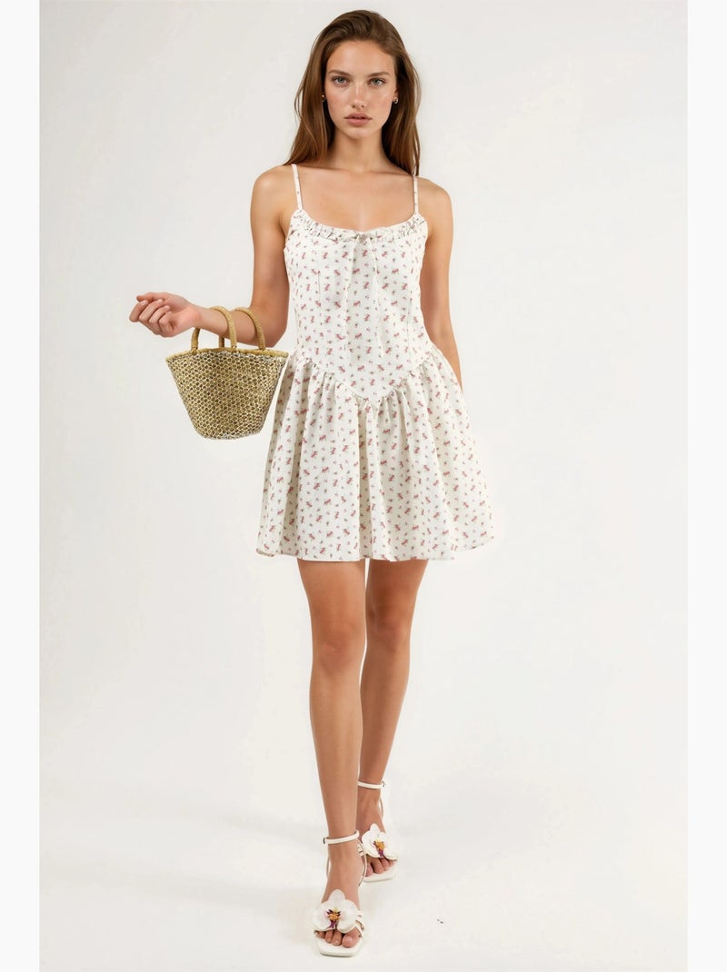 Floral mini-jurk met u-hals en strikdetail busem Gebroken wit - Kiabi