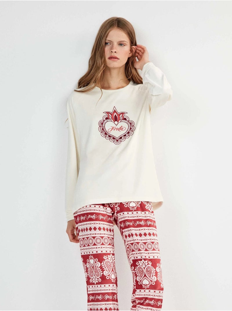 Frida kahlo pyjama bedrukt op elastische polar stof Beige - Kiabi