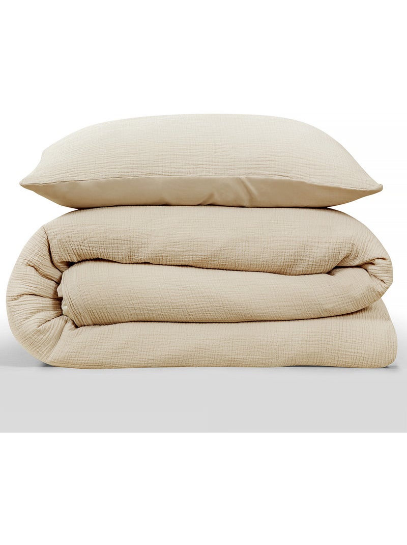 Future Home - Parure de lit double en gaze de coton Beige - Kiabi