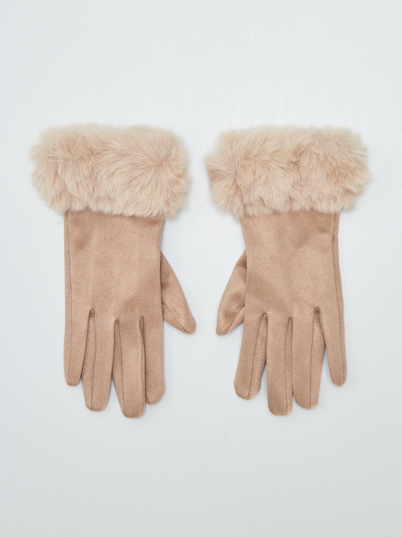 Gants en velours avec contours fourrés Beige - Kiabi