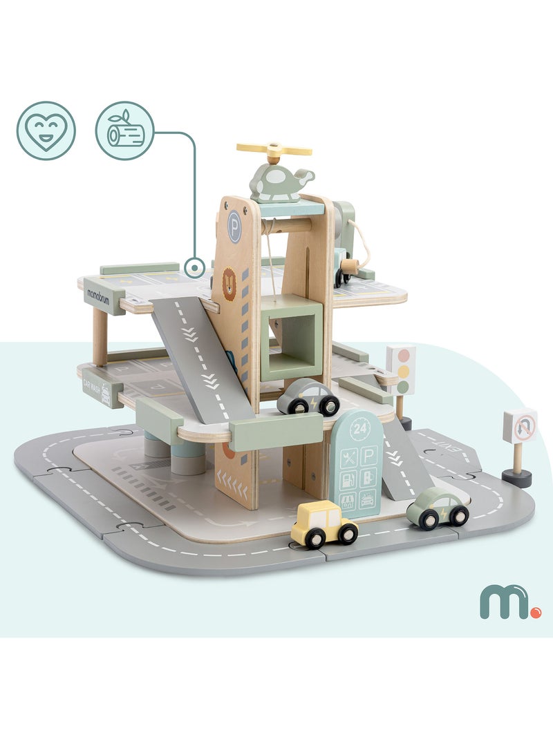 Garage bois enfants 3 niveaux avec voitures, hélicoptère et accessoires parking – mamabrum N/A - Kiabi
