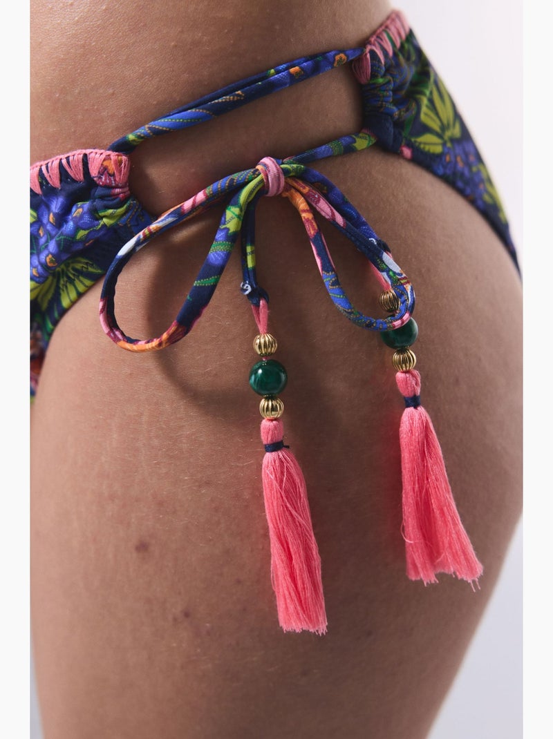 Gebloemd ciele bikinibroekje met ringdetail penti Marineblauw - Kiabi