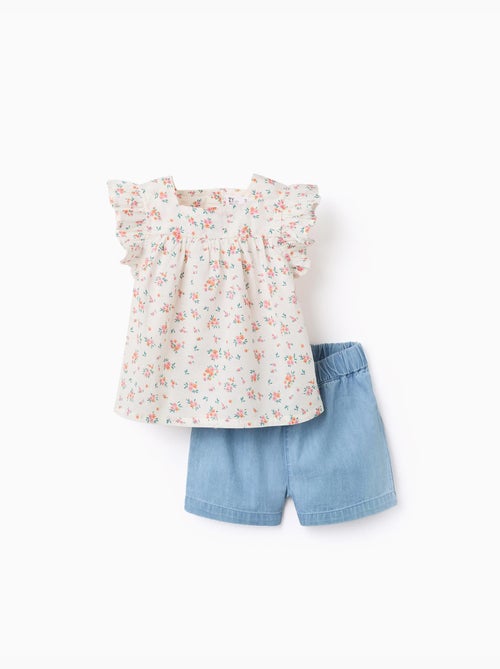 Gebloemde blouse en denim short - Kiabi Gebloemde blouse en denim short - Kiabi