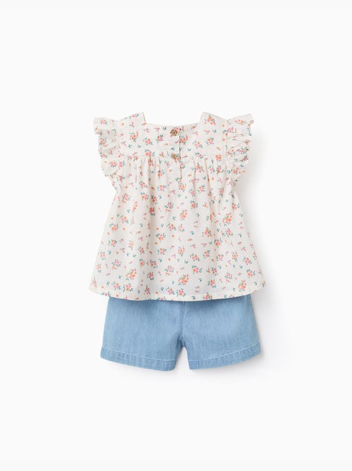 Gebloemde blouse en denim short - Kiabi Gebloemde blouse en denim short - Kiabi