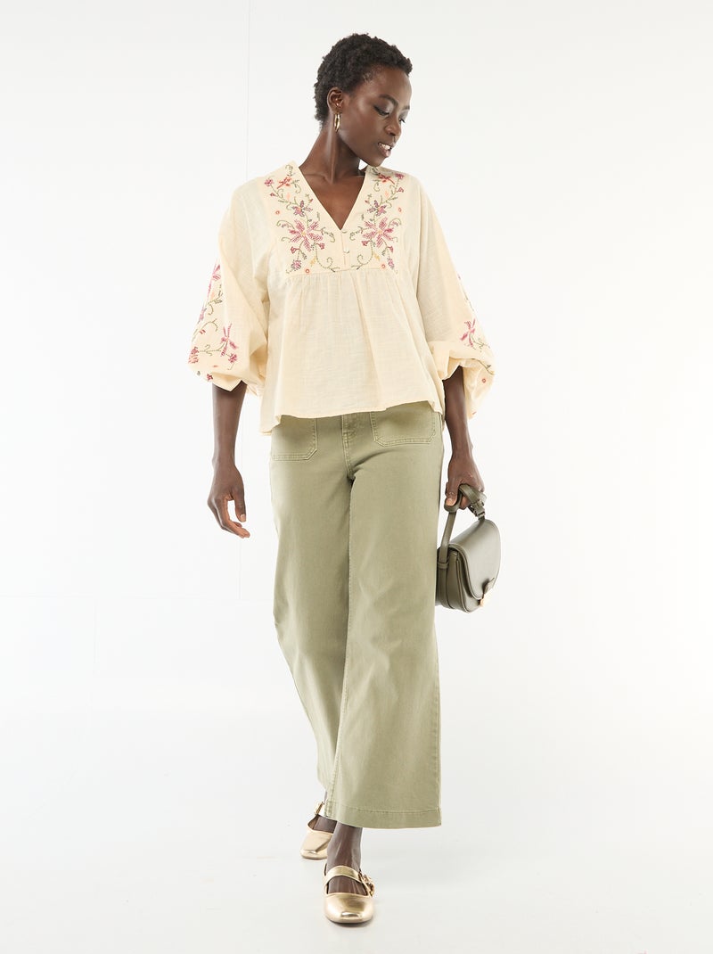 Gebloemde blouse met borduursel Biege - Kiabi