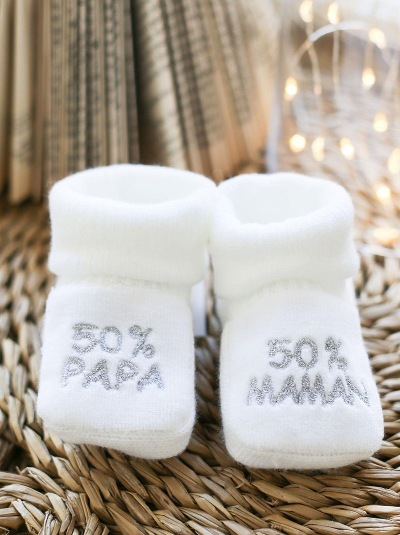 Geboorte slofjes - boodschap: 50% mama 50% papa Wit - Kiabi