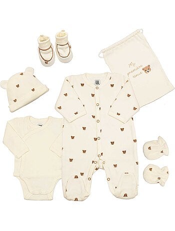 Geboorteset moka beer - 6-delige babyoutfit