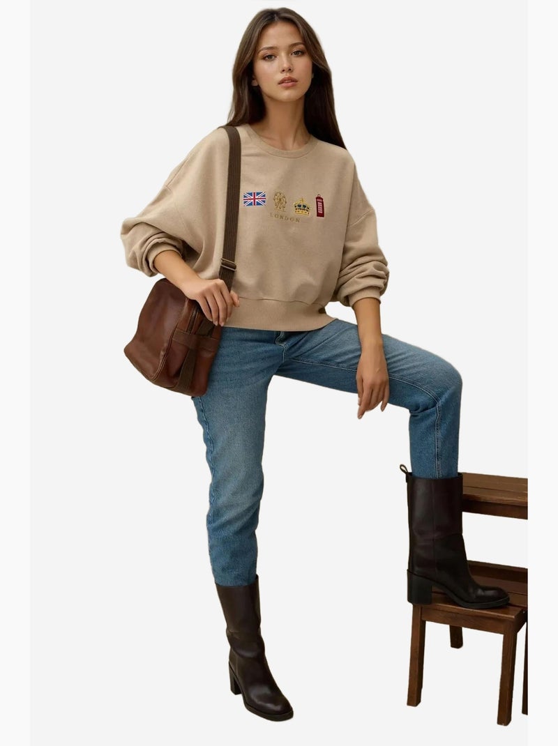 Geborduurd sweatshirt met ronde hals hiccup Beige - Kiabi