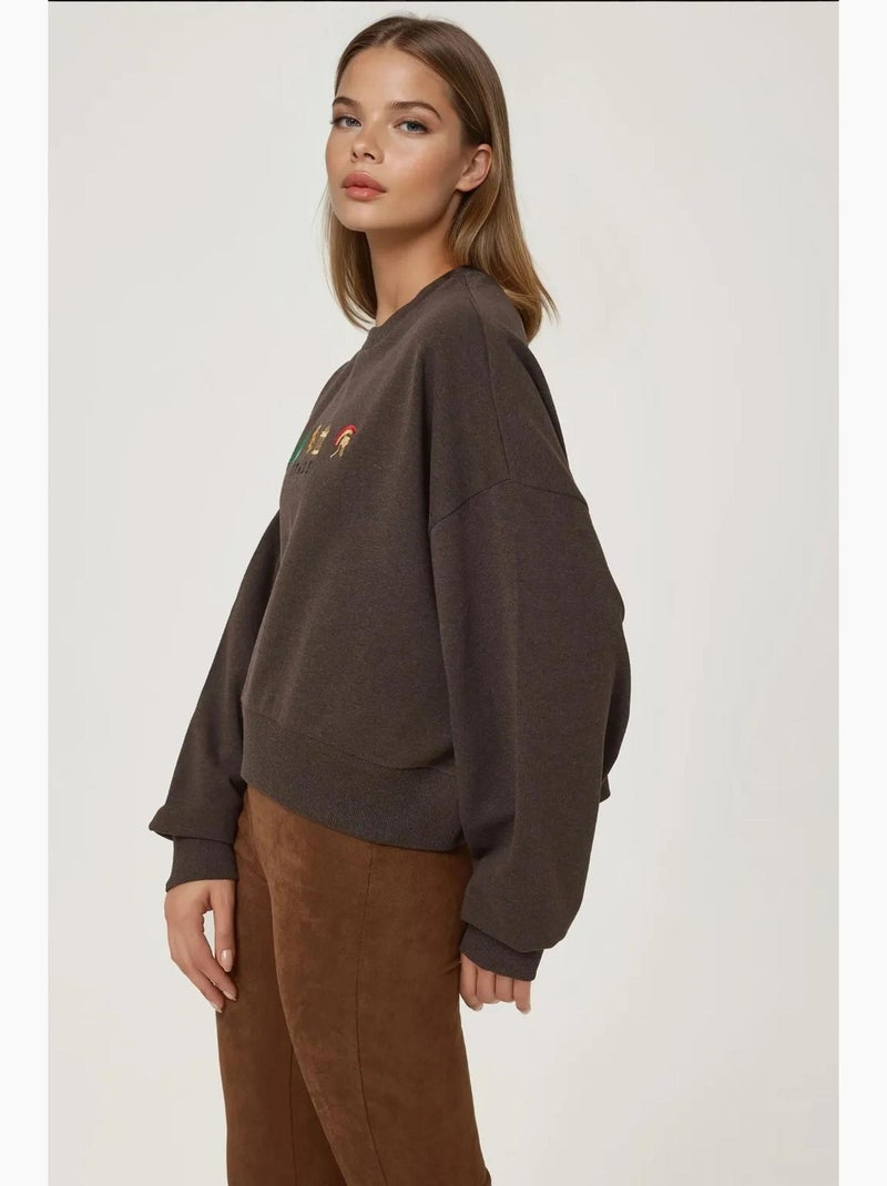 Geborduurd sweatshirt met ronde hals hiccup Donkerbruin - Kiabi