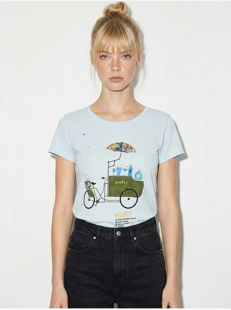 Geborduurd t-shirt met print en ronde hals lucci Hemelsblauw - Kiabi