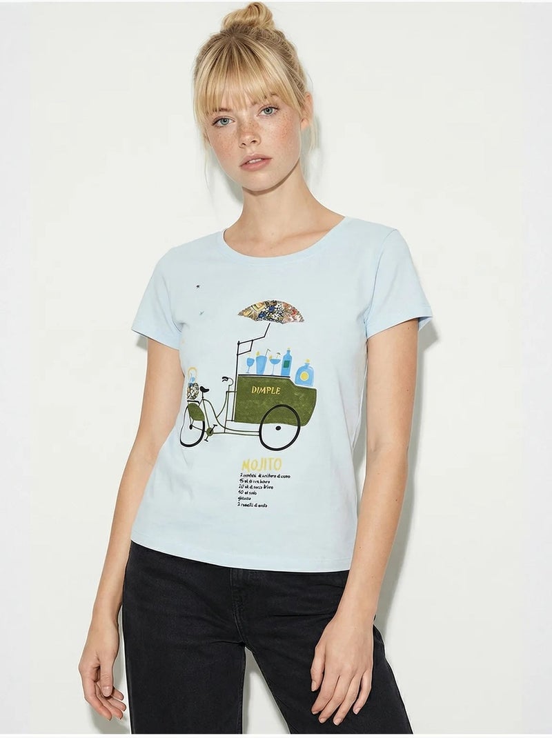 Geborduurd t-shirt met print en ronde hals lucci Hemelsblauw - Kiabi
