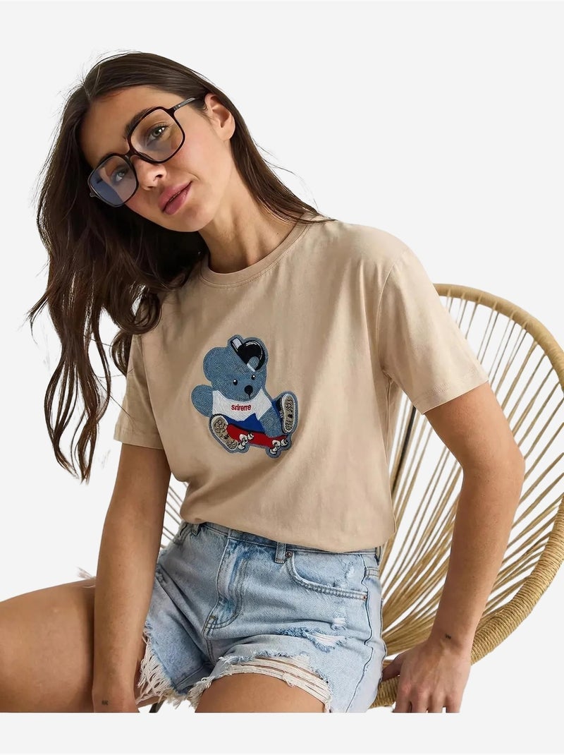 Geborduurd t-shirt met ronde hals lucci Klei-beige - Kiabi