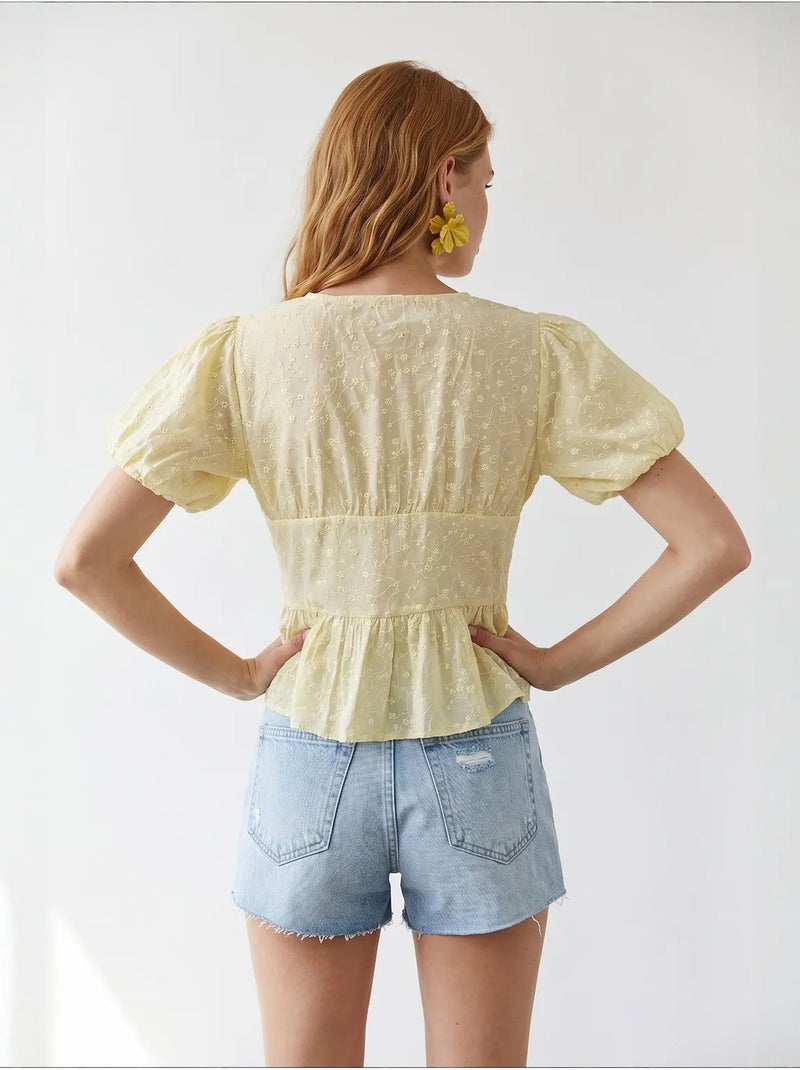 Geborduurde geweven blouse met v-hals mixray Citroengeel - Kiabi