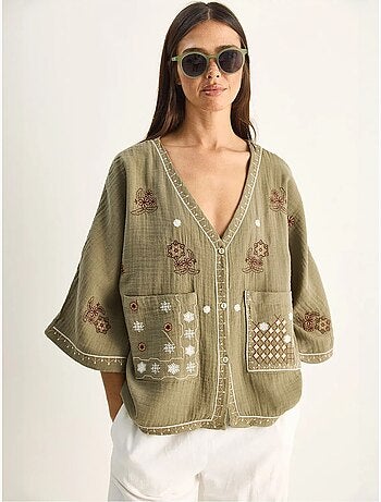 Geborduurde katoenen crêpe blouse met v-hals lucci